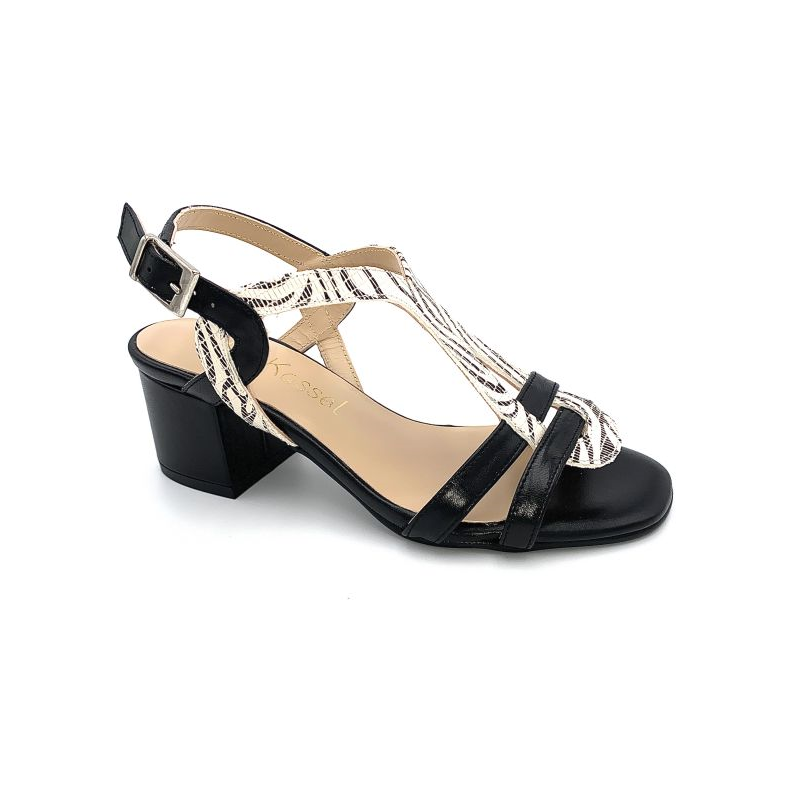 Sandale Salomé en cuir noir zèbré à talon | Petite pointure femme | Ellen Kassel
