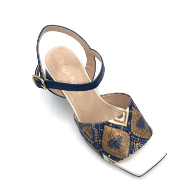 Sandale fantaisie à talon en cuir et textile marine | Petite taille femme |Ellen Kassel