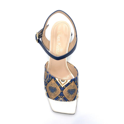 Sandale fantaisie à talon en cuir et textile marine | Petite taille femme |Ellen Kassel