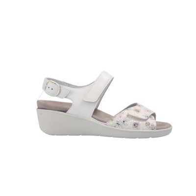 Sandale compensée en cuir blanc avec des fleurs bleues  | Grande taille femme | Semler