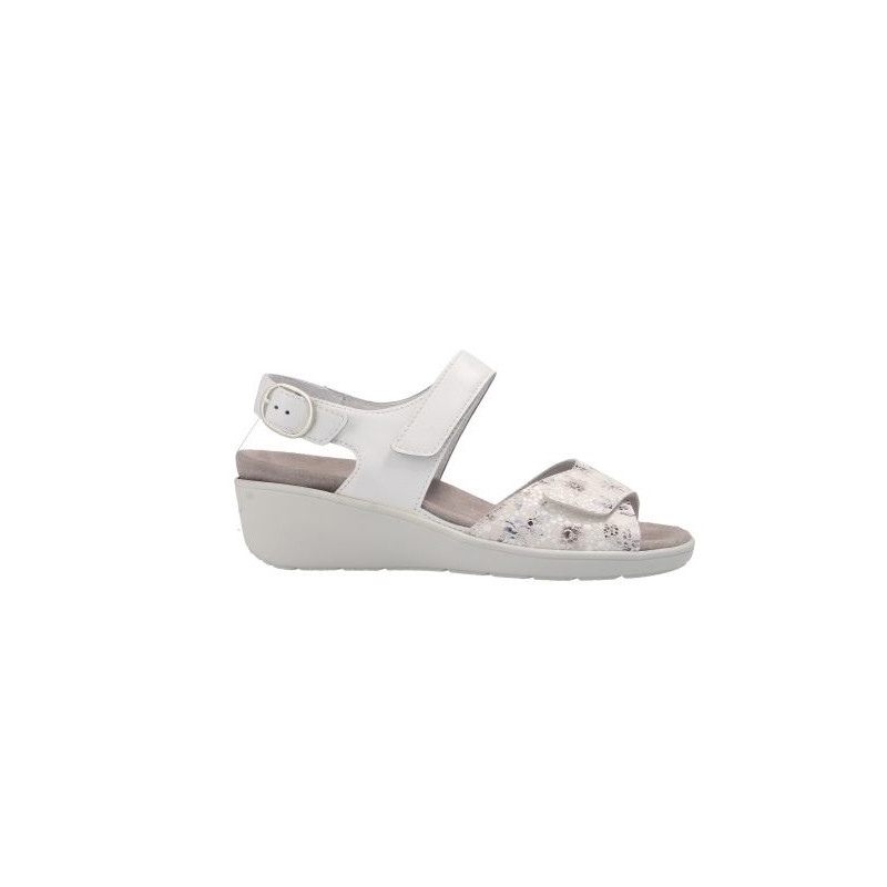 Sandale compensée en cuir blanc avec des fleurs bleues  | Grande taille femme | Semler