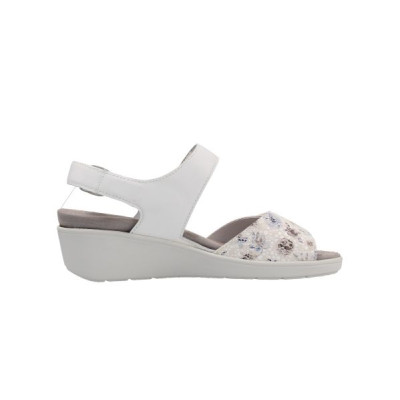 Sandale compensée en cuir blanc avec des fleurs bleues  | Grande taille femme | Semler