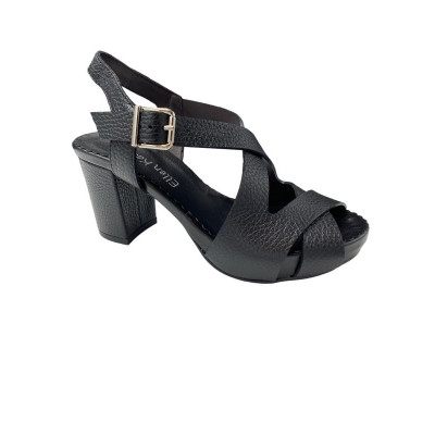 Sandale à talon avec plateforme en cuir noir|Petite taille femme|Ellen Kassel