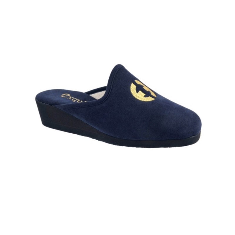 Chausson mule compensé bleu alcantara lavable | Petite taille femme | EXQUISE